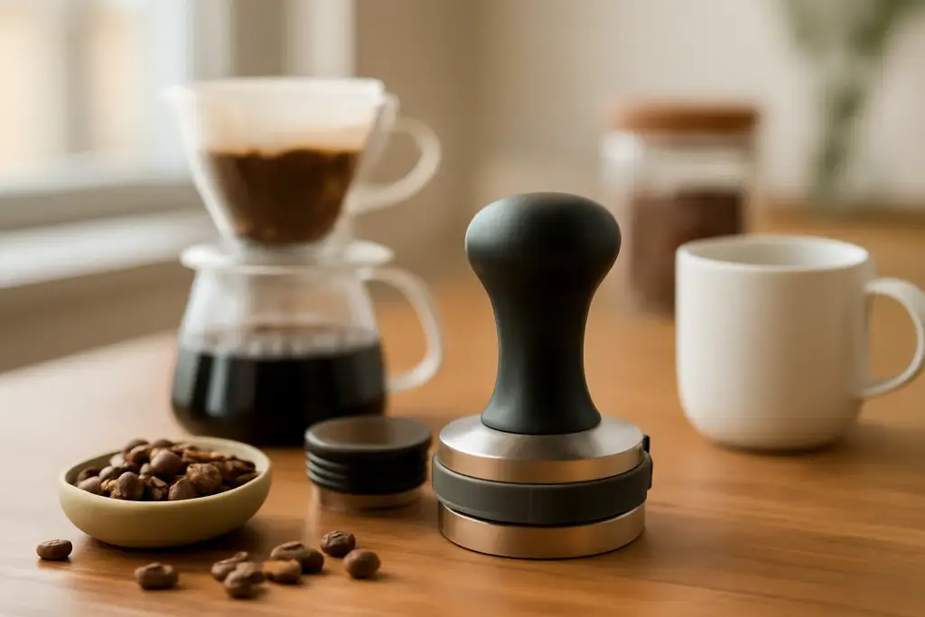 Editorial photograph related to 58mm tamper and distributor set